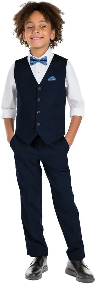 Boys' 6-Piece Formal Slim Fit Suit Set, Vest, Pants, Dress Shirt, Tie, Pocket Square, and Bow Tie