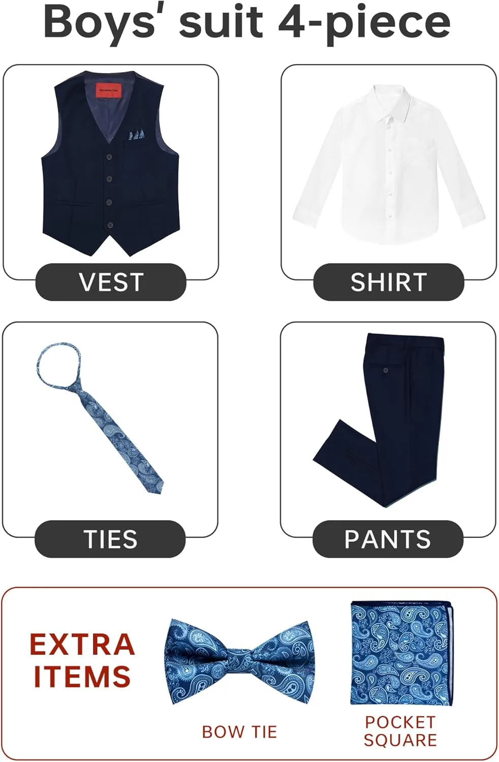 Boys' 6-Piece Formal Slim Fit Suit Set, Vest, Pants, Dress Shirt, Tie, Pocket Square, and Bow Tie
