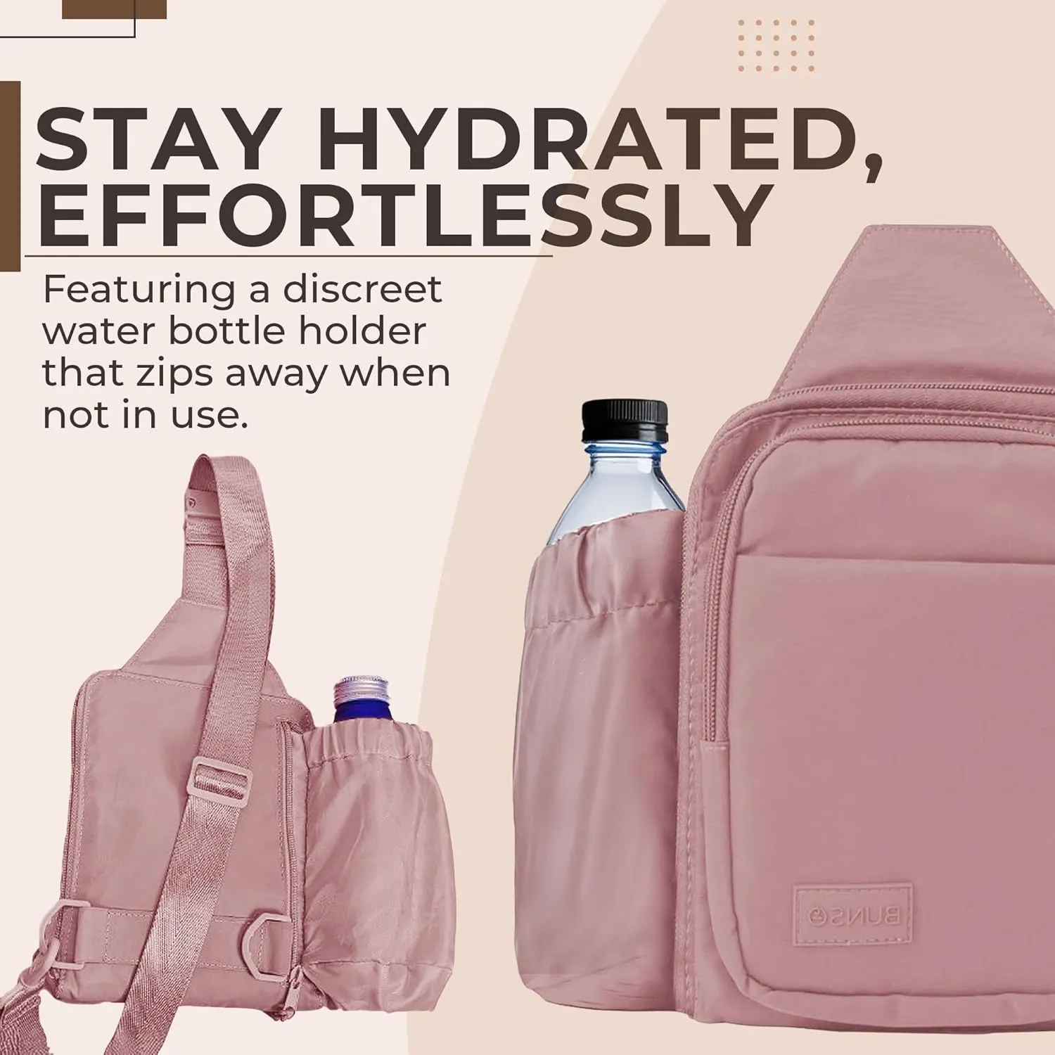 BUNSO Everyday Small Crossbody Bags for Women, Water-Resistant Sling Bag for Men with Waterbottle Holder, 7 x 2.5 x 9