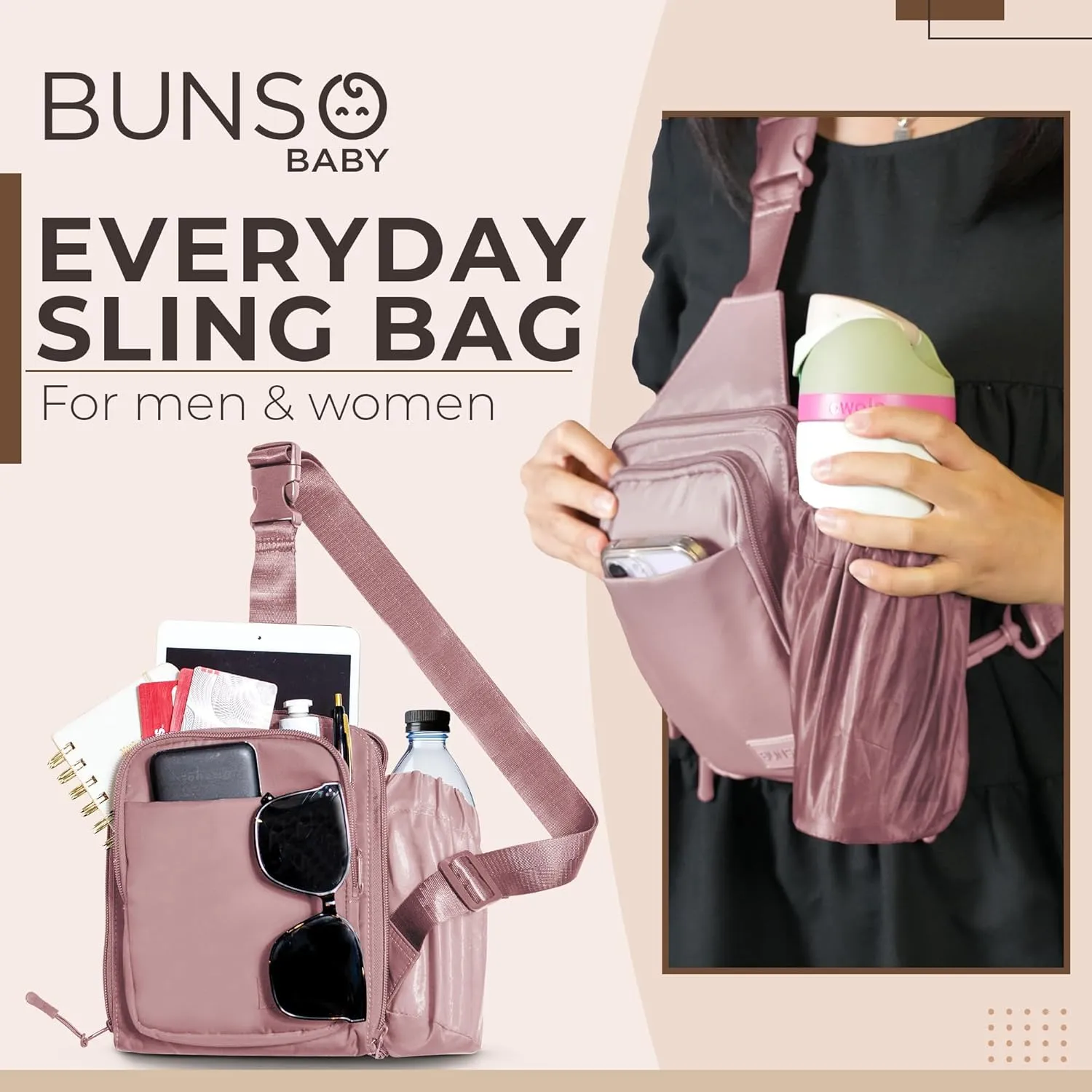BUNSO Everyday Small Crossbody Bags for Women, Water-Resistant Sling Bag for Men with Waterbottle Holder, 7 x 2.5 x 9