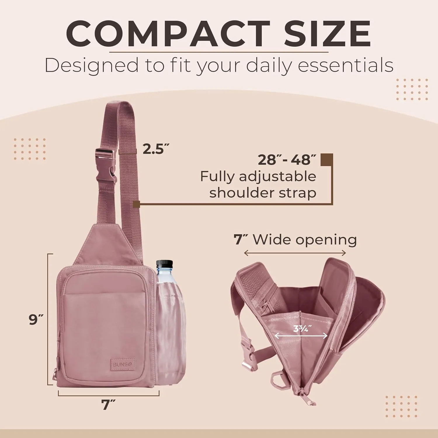 BUNSO Everyday Small Crossbody Bags for Women, Water-Resistant Sling Bag for Men with Waterbottle Holder, 7 x 2.5 x 9