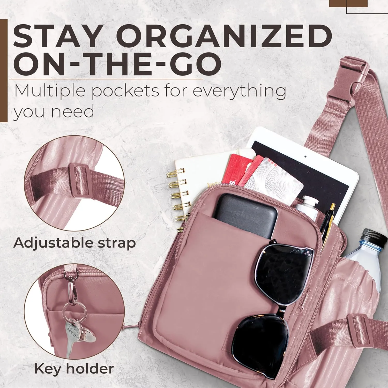 BUNSO Everyday Small Crossbody Bags for Women, Water-Resistant Sling Bag for Men with Waterbottle Holder, 7 x 2.5 x 9