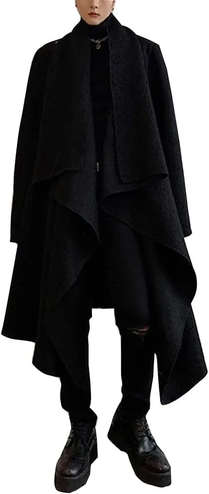 BYLIA Men's Solid Colours Trench Coat Casual Cape Cloak Irregular Hem Cape Overcoat Open Front Long Sleeve Coat
