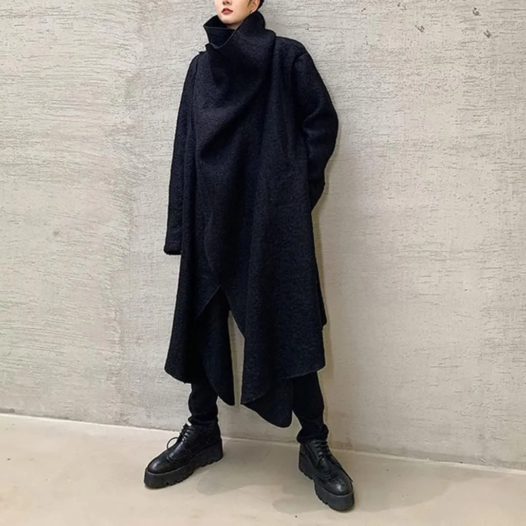 BYLIA Men's Solid Colours Trench Coat Casual Cape Cloak Irregular Hem Cape Overcoat Open Front Long Sleeve Coat