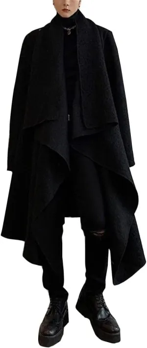 BYLIA Men's Solid Colours Trench Coat Casual Cape Cloak Irregular Hem Cape Overcoat Open Front Long Sleeve Coat
