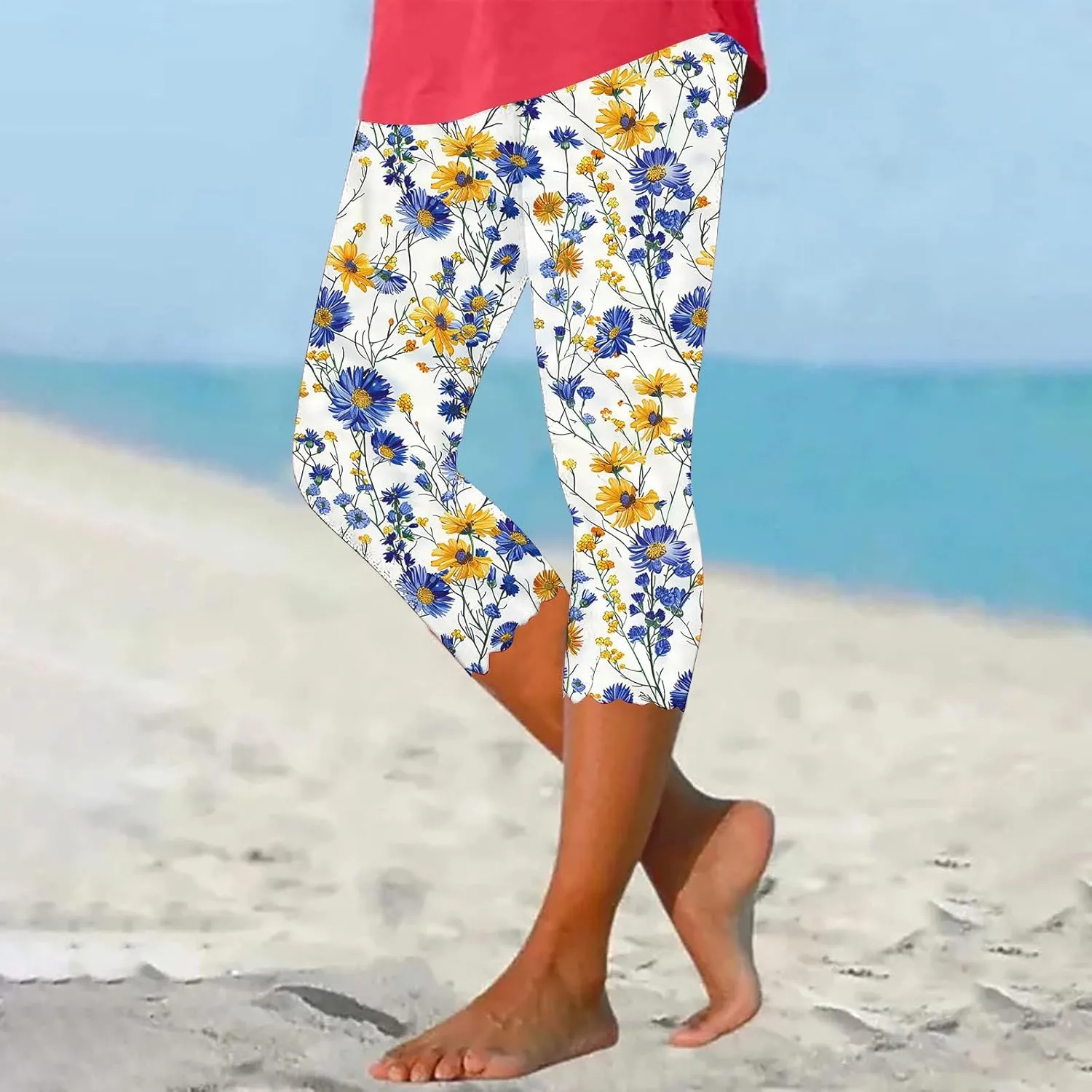 Capri Leggings for Women Floral Print High Waist Capris Tummy Control Knee Length Slim Fit Yoga Cropped Trousers