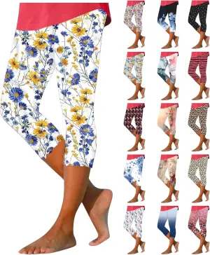 Capri Leggings for Women Floral Print High Waist Capris Tummy Control Knee Length Slim Fit Yoga Cropped Trousers