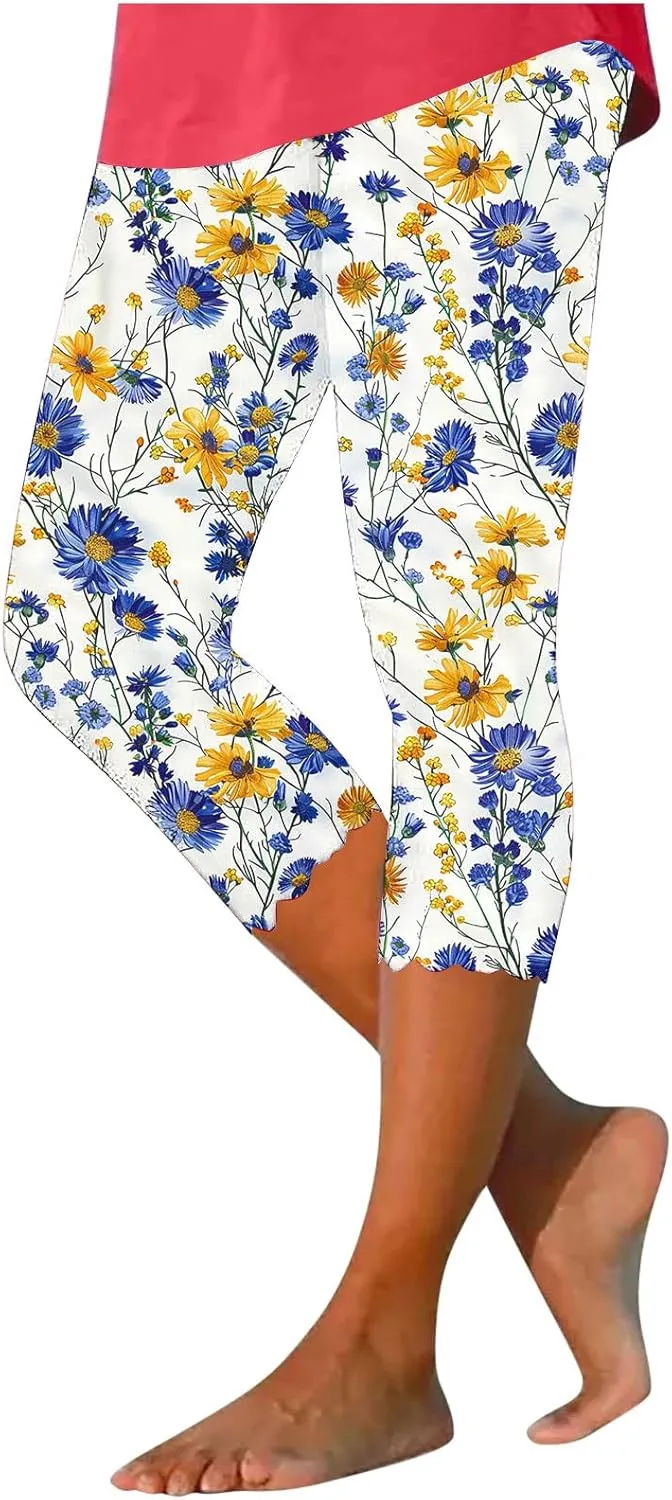 Capri Leggings for Women Floral Print High Waist Capris Tummy Control Knee Length Slim Fit Yoga Cropped Trousers