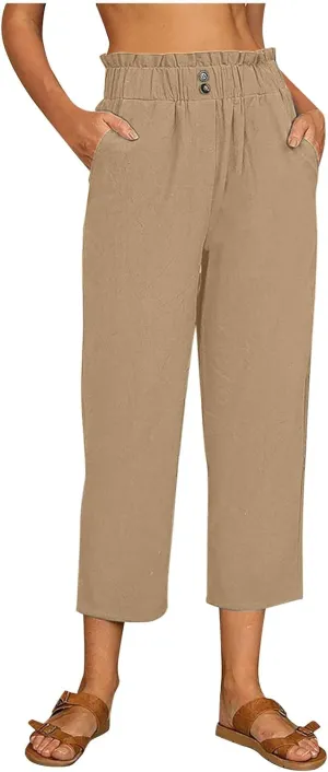 Capri Pants for Women Casual 2025 Summer Drawstring Elastic High Waist Linen Pant Straight Wide Leg Cropped Trousers