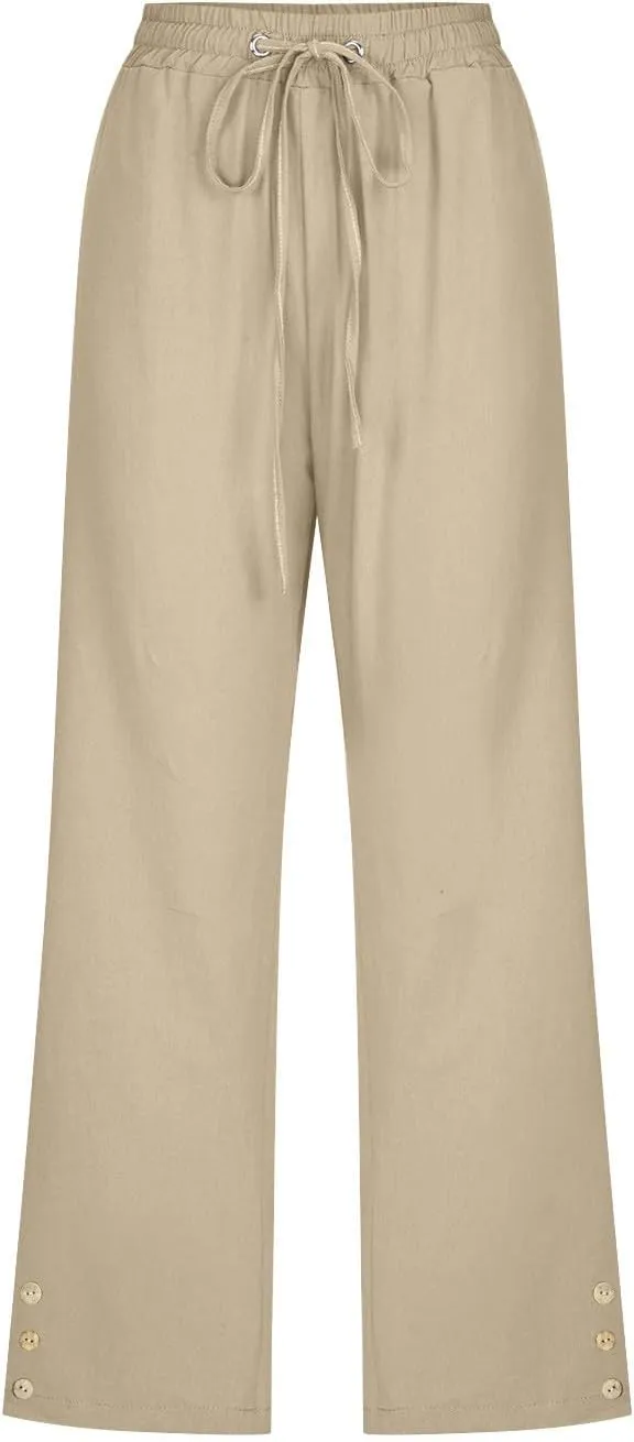 Capri Pants for Women Plus Size Button Summer Linen Pants Straight Leg Cropped Trouser High Waist Drawstring Capris