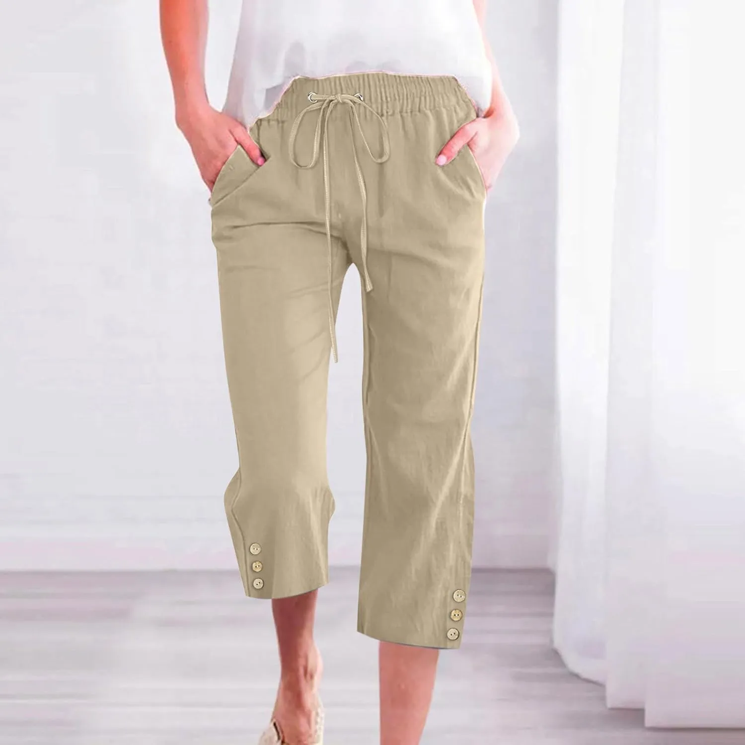 Capri Pants for Women Plus Size Button Summer Linen Pants Straight Leg Cropped Trouser High Waist Drawstring Capris