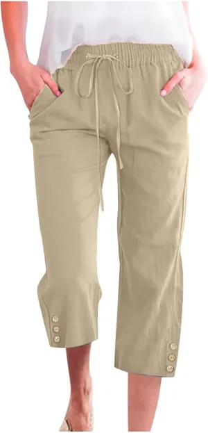 Capri Pants for Women Plus Size Button Summer Linen Pants Straight Leg Cropped Trouser High Waist Drawstring Capris