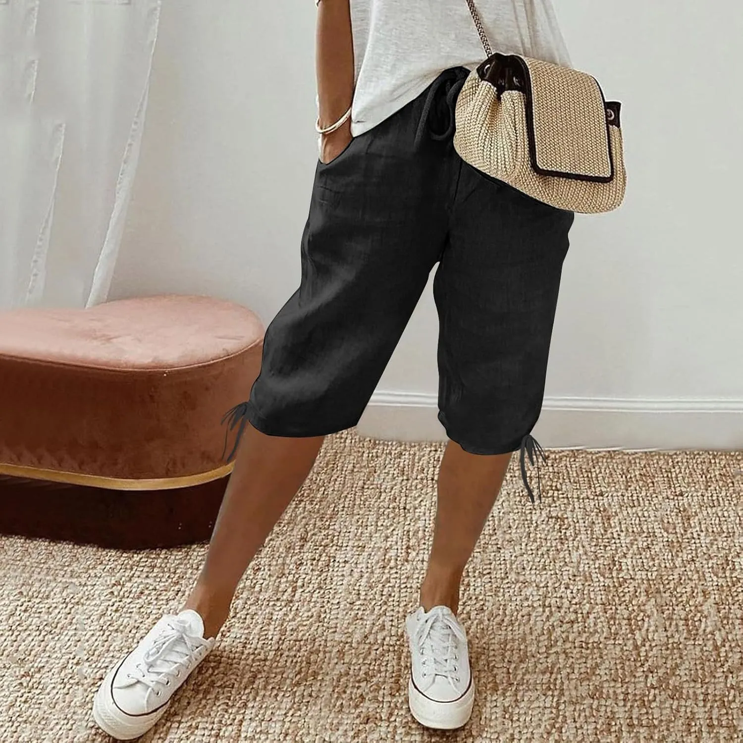 Capri Pants for Womens Summer Linen High Waisted Drawstring Wide Leg Capris Lightweight Elastic Casual Trousers