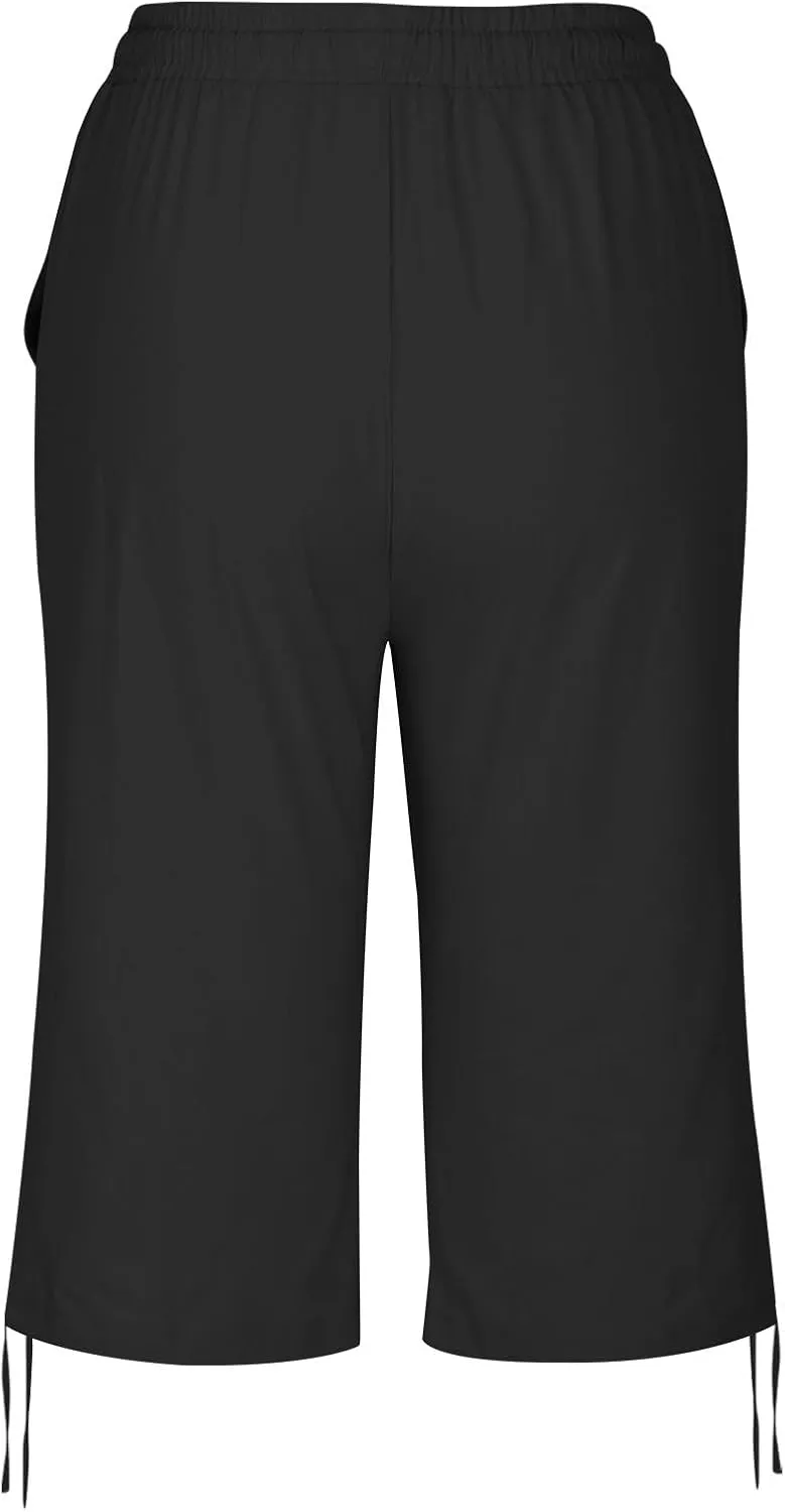 Capri Pants for Womens Summer Linen High Waisted Drawstring Wide Leg Capris Lightweight Elastic Casual Trousers