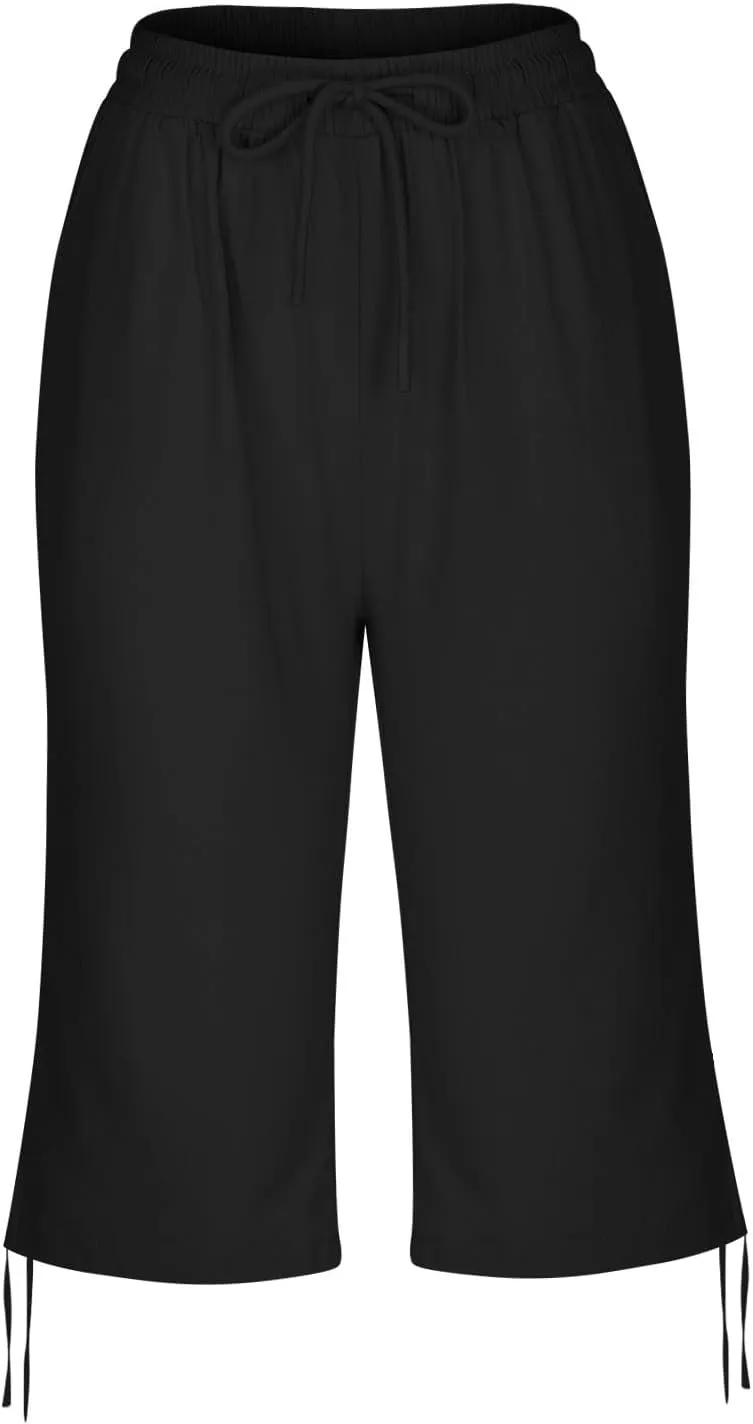 Capri Pants for Womens Summer Linen High Waisted Drawstring Wide Leg Capris Lightweight Elastic Casual Trousers