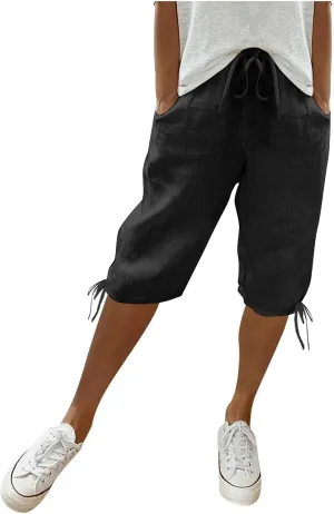 Capri Pants for Womens Summer Linen High Waisted Drawstring Wide Leg Capris Lightweight Elastic Casual Trousers
