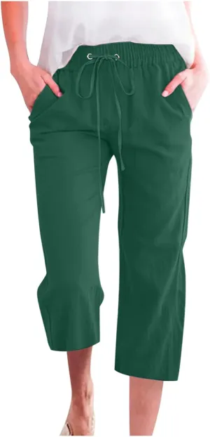 Capris Pants for Women Casual Summer 2025 Cotton Linen Pant Beach Loose Comfy Straight Leg Drawstring Cropped Trouser