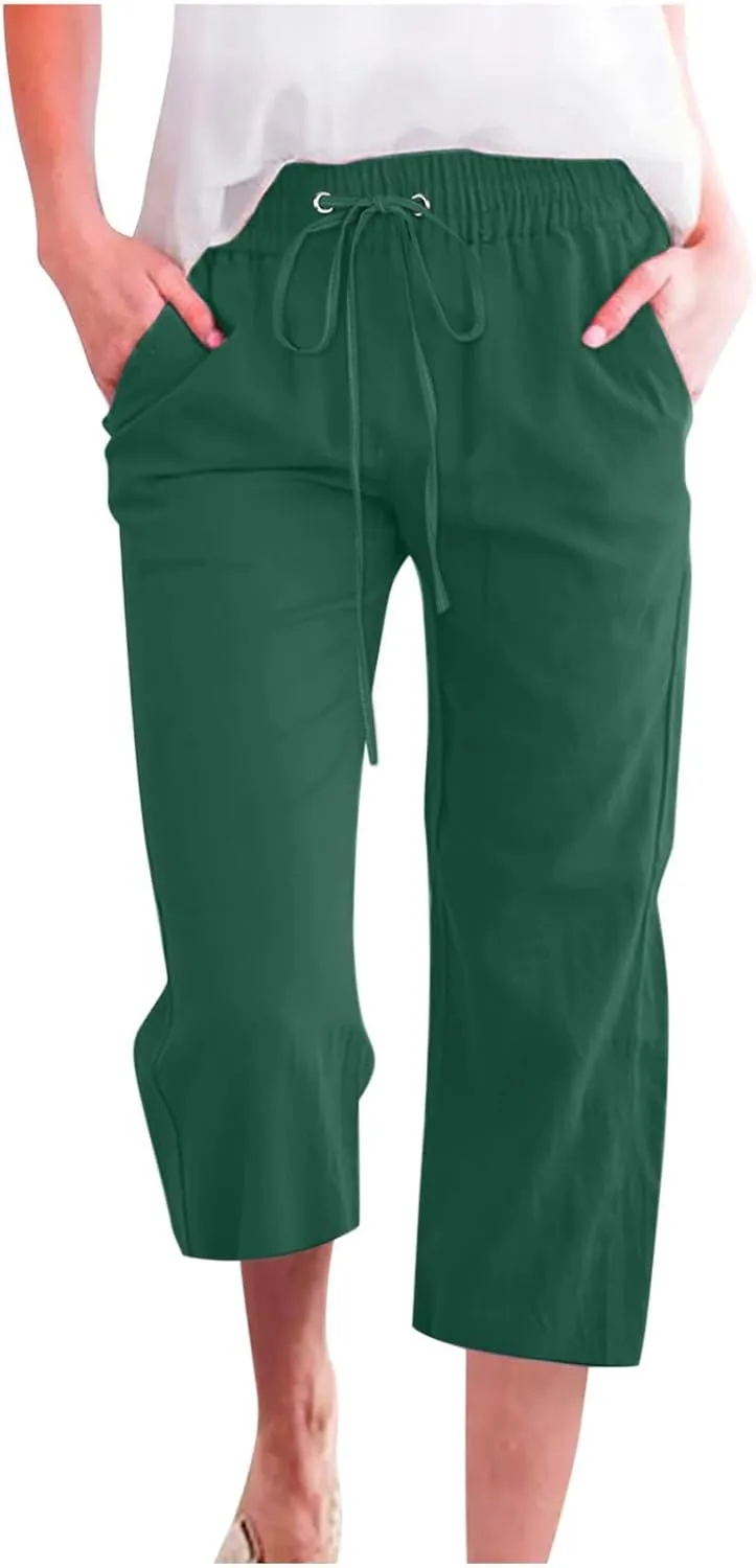 Capris Pants for Women Casual Summer 2025 Cotton Linen Pant Beach Loose Comfy Straight Leg Drawstring Cropped Trouser