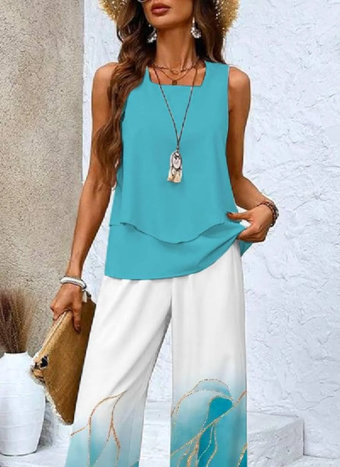 Casual 2 Piece Outfits Lounge Layered Green Plain Daily 2025 Sleeveless Matching Sets Square Neck and Flower Print Pants