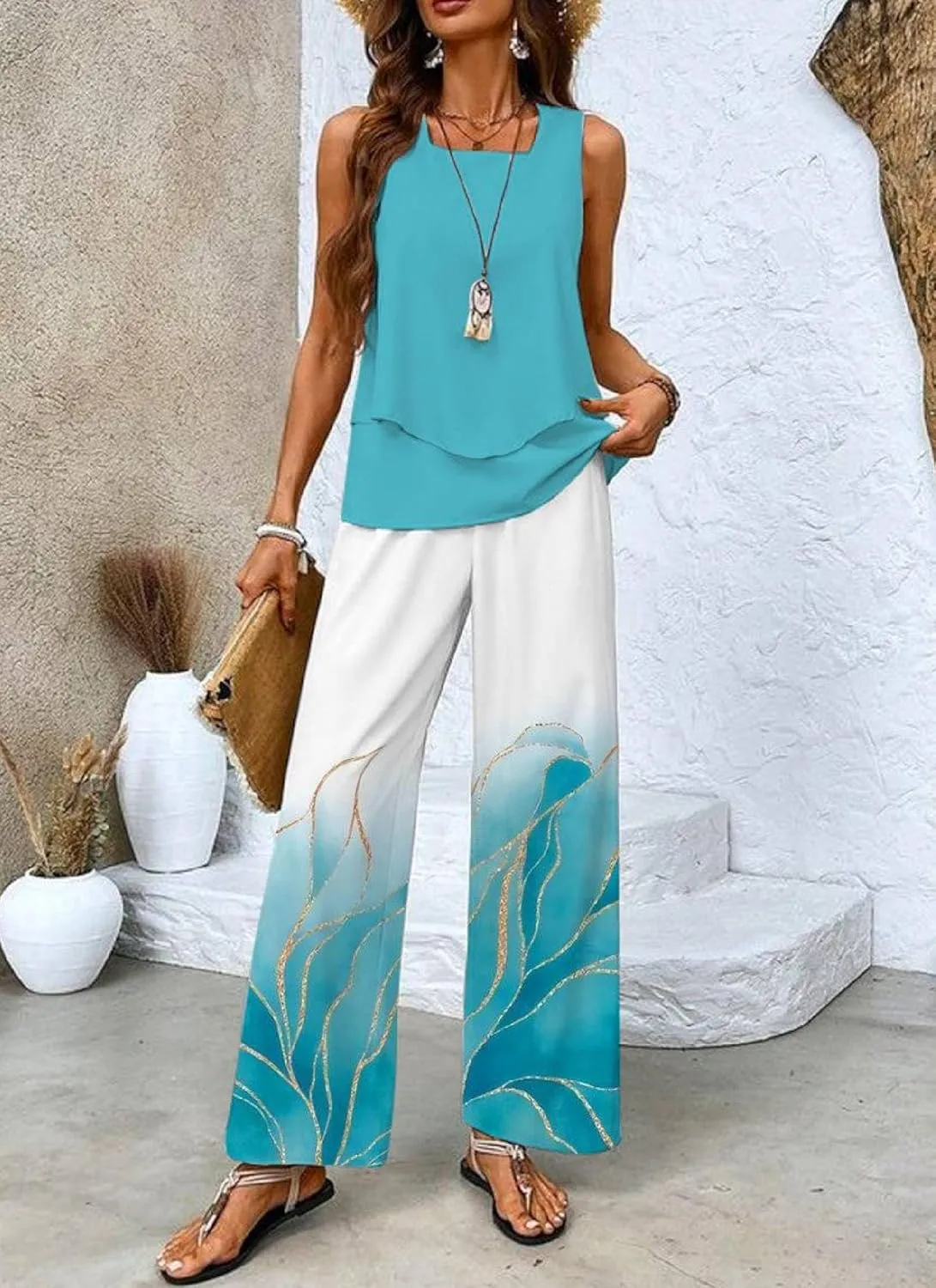 Casual 2 Piece Outfits Lounge Layered Green Plain Daily 2025 Sleeveless Matching Sets Square Neck and Flower Print Pants