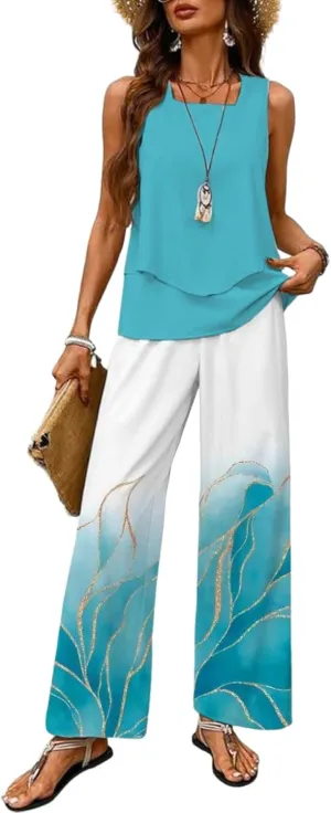 Casual 2 Piece Outfits Lounge Layered Green Plain Daily 2025 Sleeveless Matching Sets Square Neck and Flower Print Pants