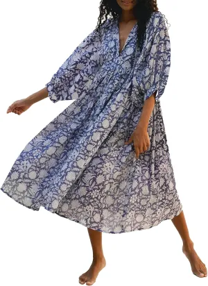 Casual Summer Dresses for Women Swing Floral Half Open Collar Boho Puff Sleeve Loose Midi Beach Dress