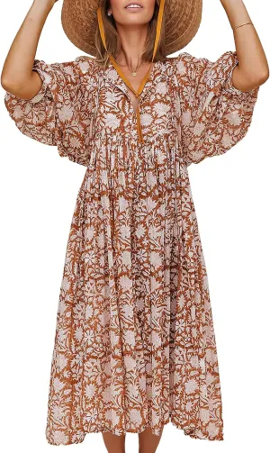 Casual Summer Dresses for Women Swing Floral Half Open Collar Boho Puff Sleeve Loose Midi Beach Dress