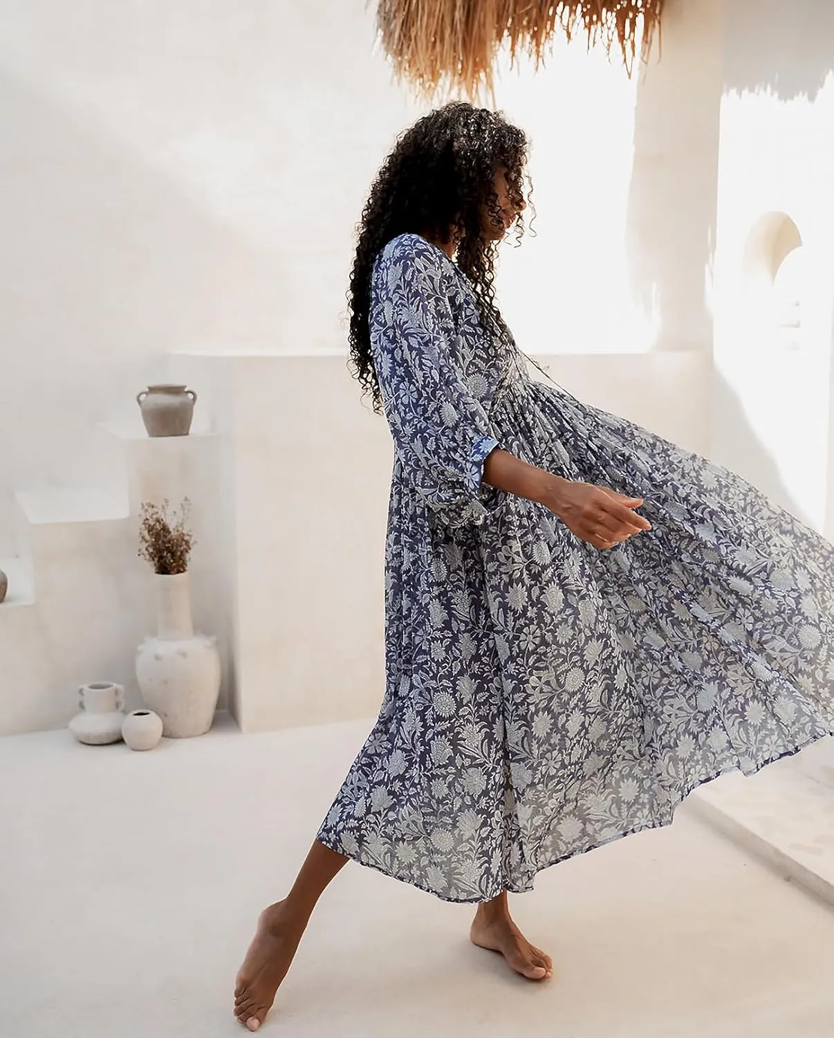 Casual Summer Dresses for Women Swing Floral Half Open Collar Boho Puff Sleeve Loose Midi Beach Dress