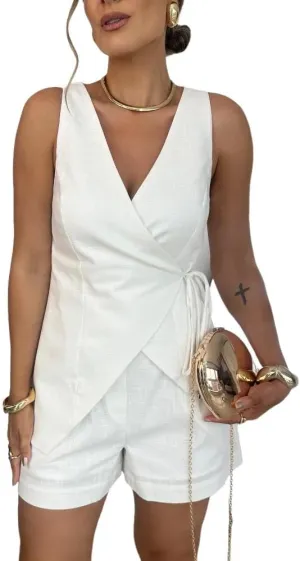CHICME Summer Sets for Women 2 Piece Outfits Wrap V Neck Sleeveless Tank and Shorts Set Casual Outfits for Women