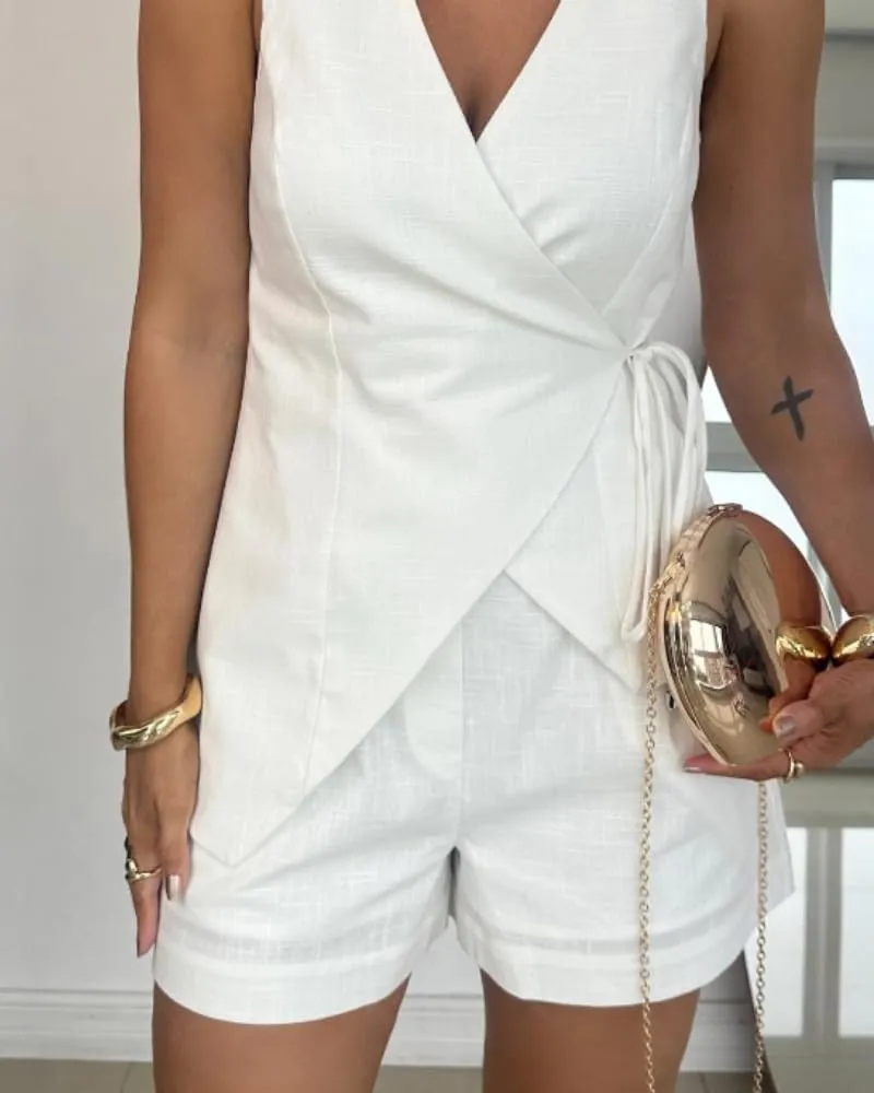 CHICME Summer Sets for Women 2 Piece Outfits Wrap V Neck Sleeveless Tank and Shorts Set Casual Outfits for Women