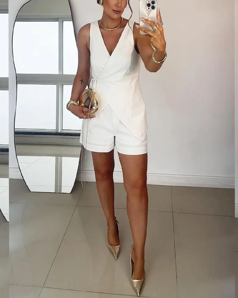 CHICME Summer Sets for Women 2 Piece Outfits Wrap V Neck Sleeveless Tank and Shorts Set Casual Outfits for Women