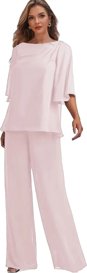 Chiffon Mother of The Bride Pant Suits for Wedding 2 Pieces Long Formal Party Dress Outfit Set with Sleeves