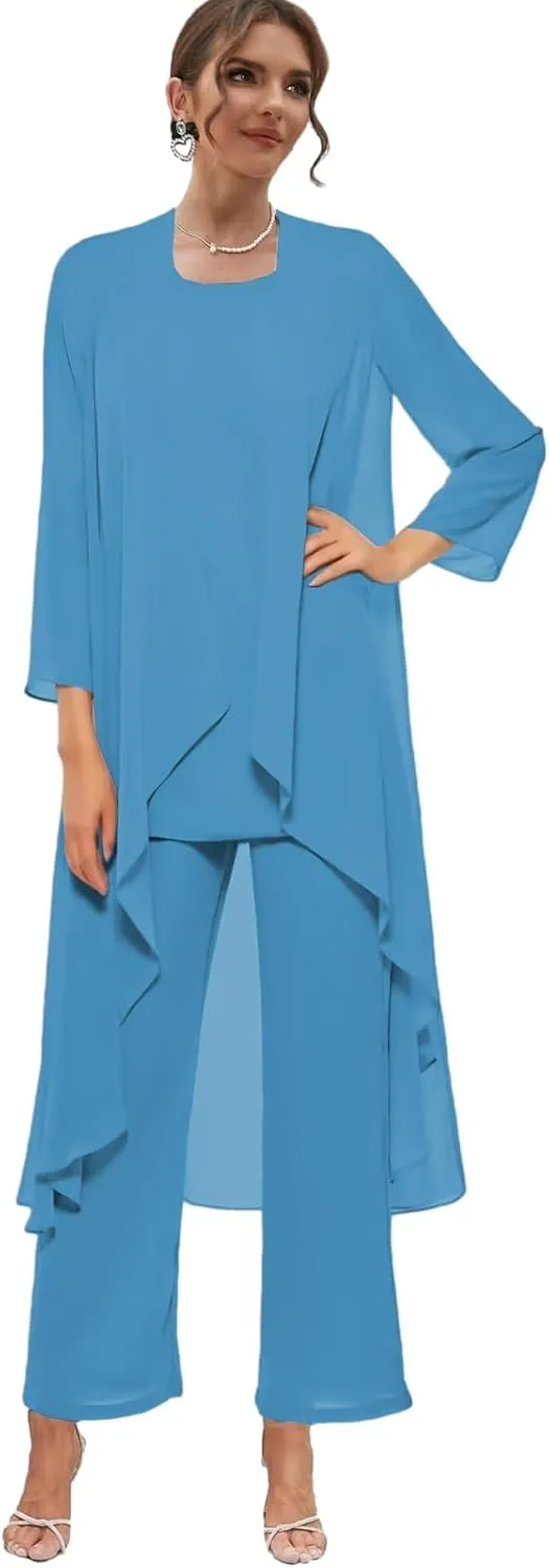 Chiffon Mother of The Bride Pant Suits with Jacket 3 Pieces Formal Dress for Wedding Guest Long Outfit Set