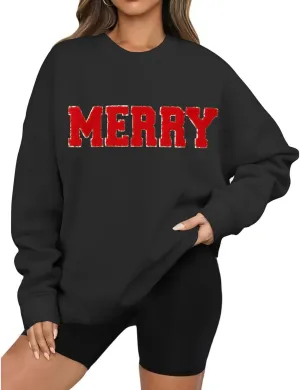 Christmas Sweatshirts for Women 2024 Oversized Merry Sweatshirt Long Sleeve Crewneck Sweatshirt Pullover Xmas Tops