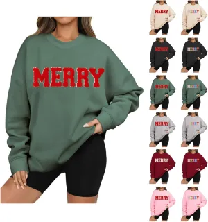 Christmas Sweatshirts for Women 2024 Oversized Merry Sweatshirt Long Sleeve Crewneck Sweatshirt Pullover Xmas Tops