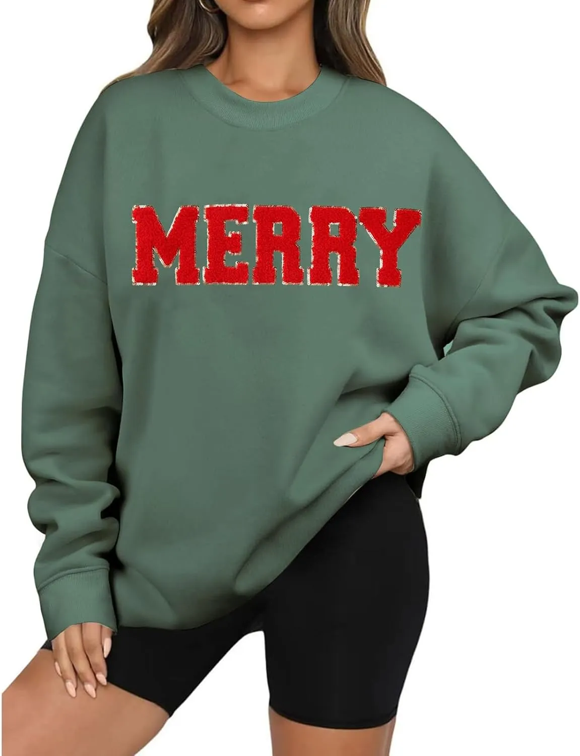 Christmas Sweatshirts for Women 2024 Oversized Merry Sweatshirt Long Sleeve Crewneck Sweatshirt Pullover Xmas Tops