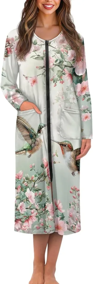 CLOHOMIN Women's Long Robes with Front Zipper Crewneck Bathrobes Long Sleeve Robes Ladies Sleepwear Nightgown