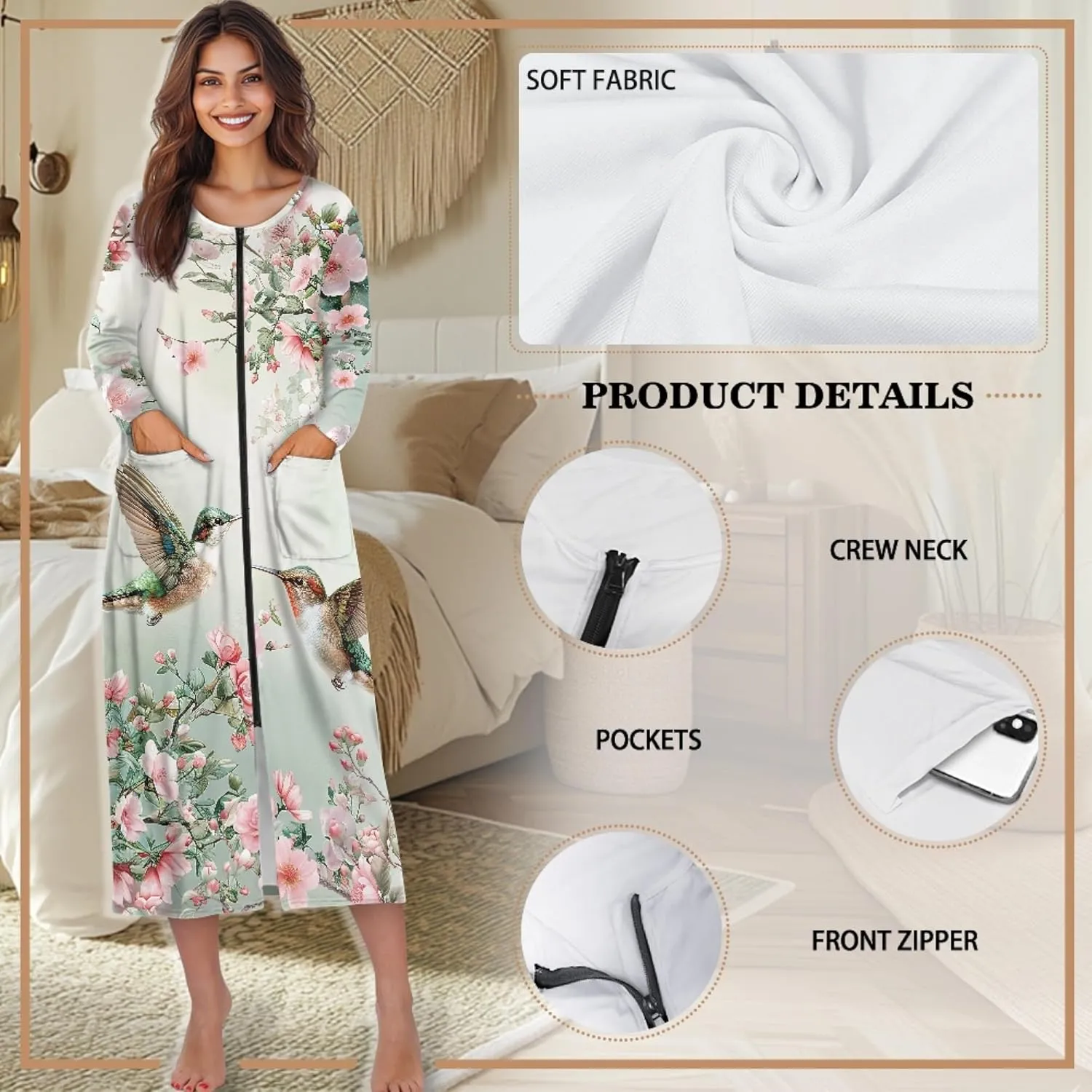 CLOHOMIN Women's Long Robes with Front Zipper Crewneck Bathrobes Long Sleeve Robes Ladies Sleepwear Nightgown