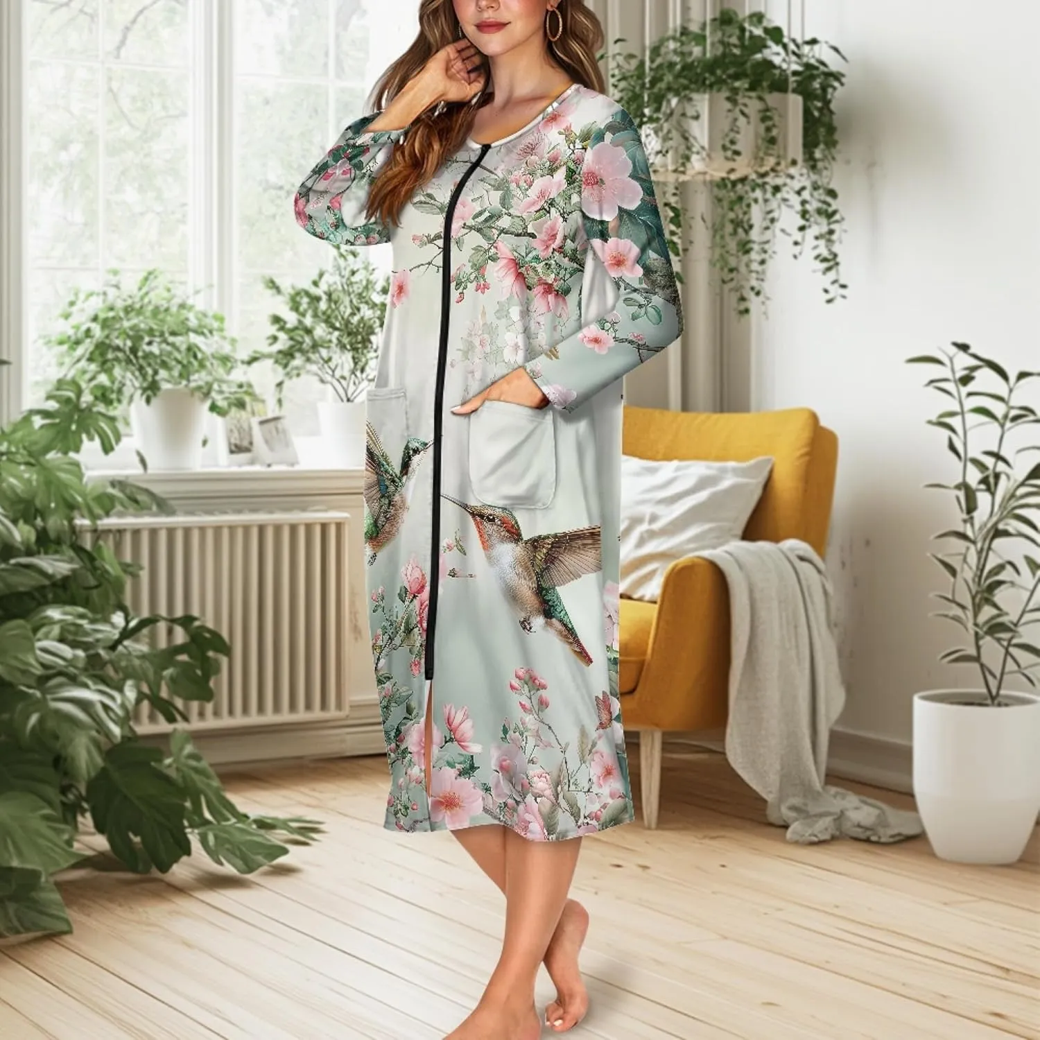 CLOHOMIN Women's Long Robes with Front Zipper Crewneck Bathrobes Long Sleeve Robes Ladies Sleepwear Nightgown