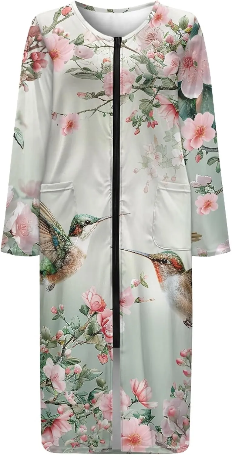 CLOHOMIN Women's Long Robes with Front Zipper Crewneck Bathrobes Long Sleeve Robes Ladies Sleepwear Nightgown