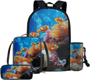 Clownfish Backpack for School Boys 10-12 Blue Underwater Kids Bookbag and Lunch Box Set Boys Set of 4 Minimalist Pencil Case for Student Study