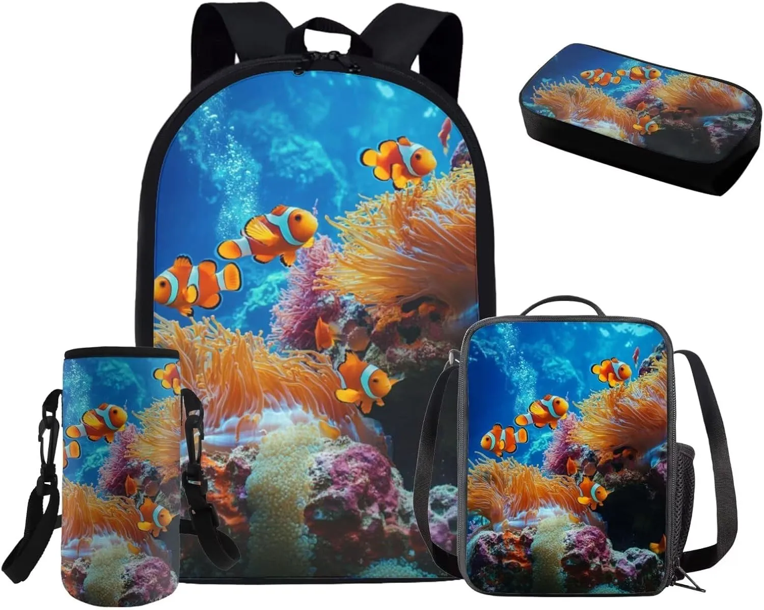 Clownfish Backpack for School Boys 10-12 Blue Underwater Kids Bookbag and Lunch Box Set Boys Set of 4 Minimalist Pencil Case for Student Study