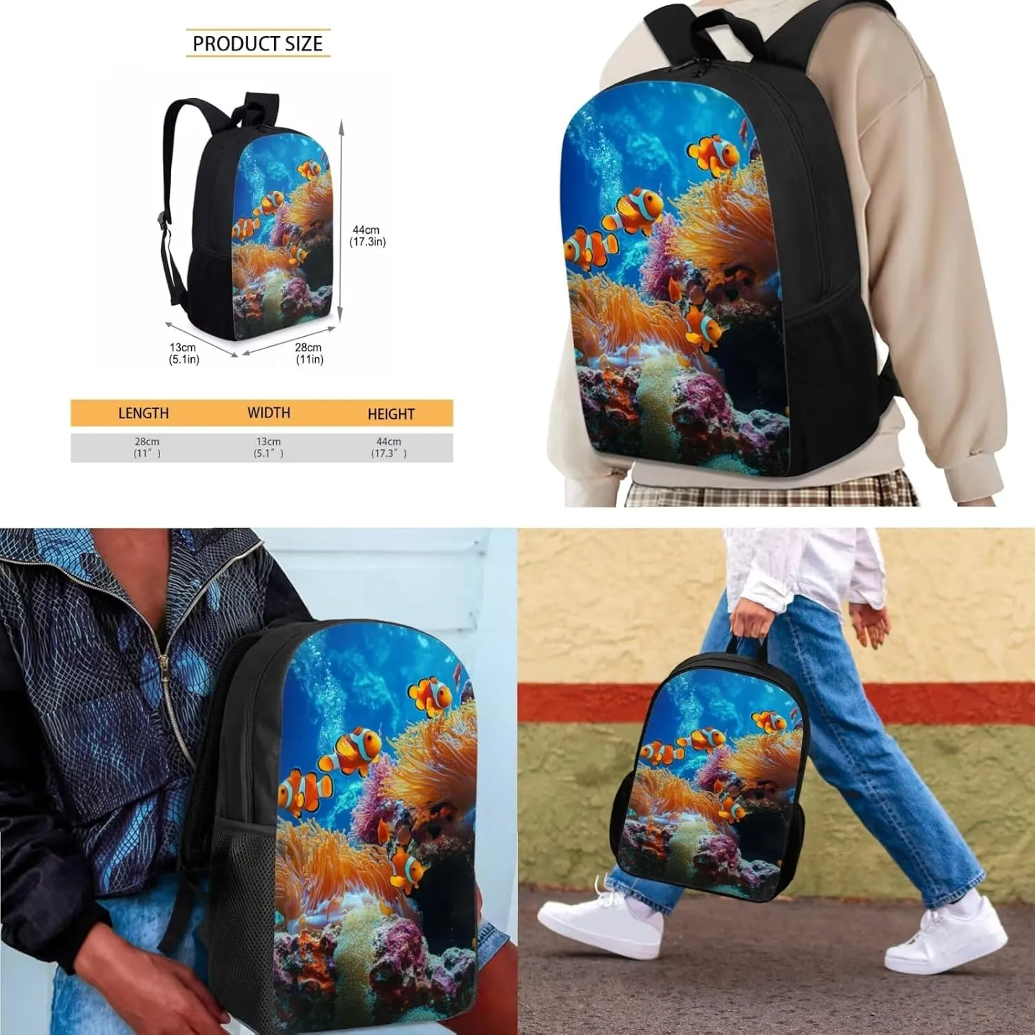 Clownfish Backpack for School Boys 10-12 Blue Underwater Kids Bookbag and Lunch Box Set Boys Set of 4 Minimalist Pencil Case for Student Study