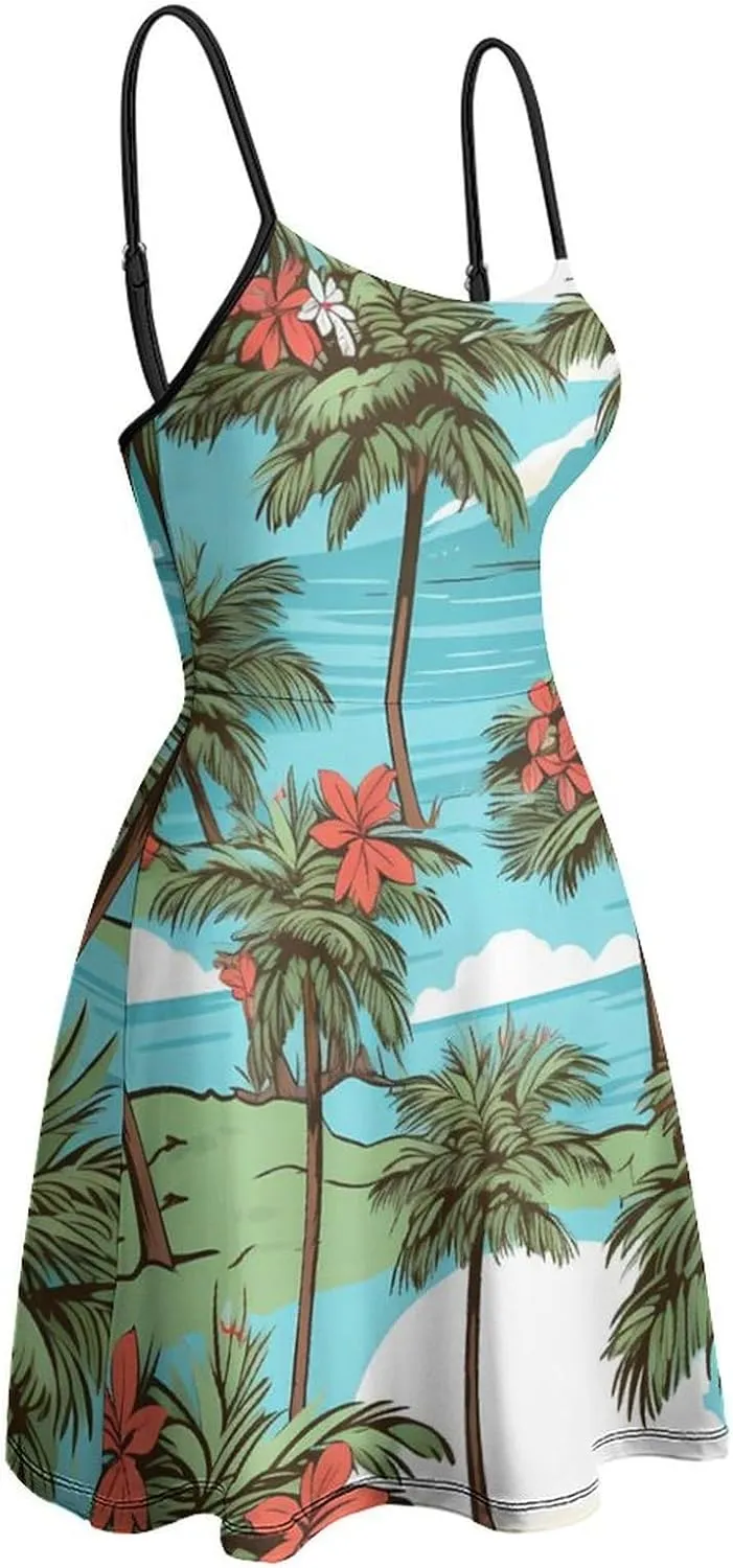 Coconut Trees Hawaiian Flowers Beach Spaghetti Strap Dresses for Women Sleeveless Short Mini Summer Beach Sundress