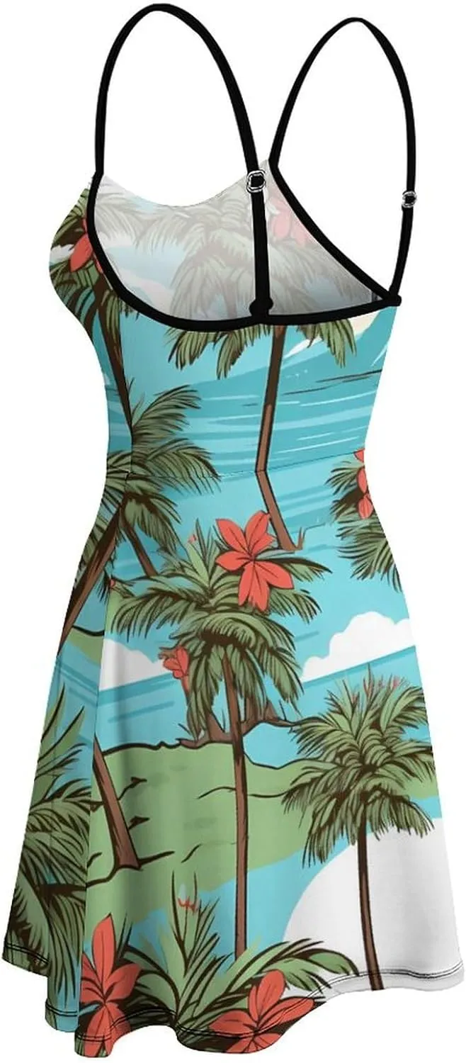 Coconut Trees Hawaiian Flowers Beach Spaghetti Strap Dresses for Women Sleeveless Short Mini Summer Beach Sundress