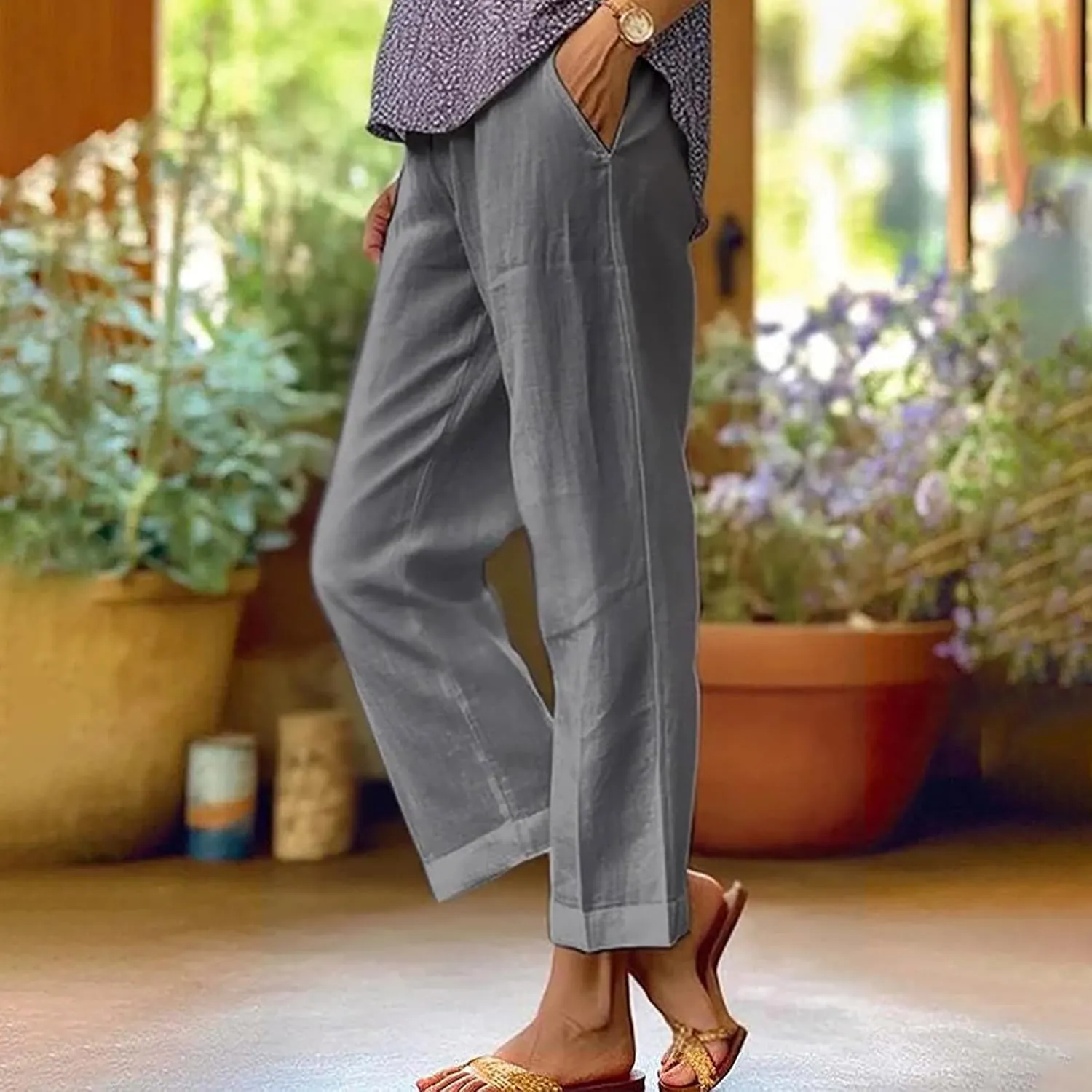 Comfy Linen Pants Women Casual 2025 Summer Pants Drawstring Hight Waist Lightweight Loose Fit Trousers with Pockets