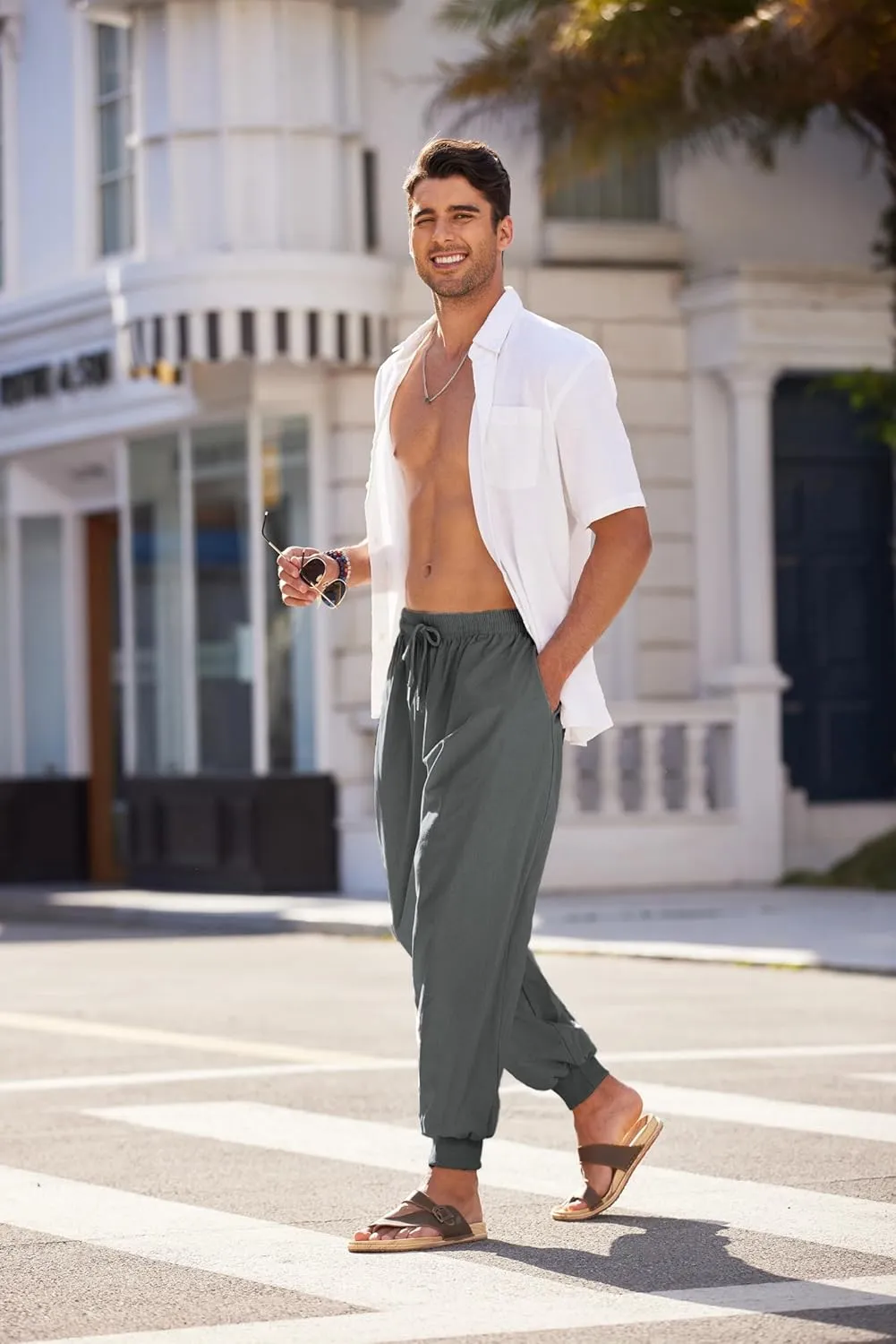 COOFANDY Men Hippie Harem Pants Baggy Linen Cotton Boho Yoga Pants Summer Beach Pants Casual Drop Crotch Trouser