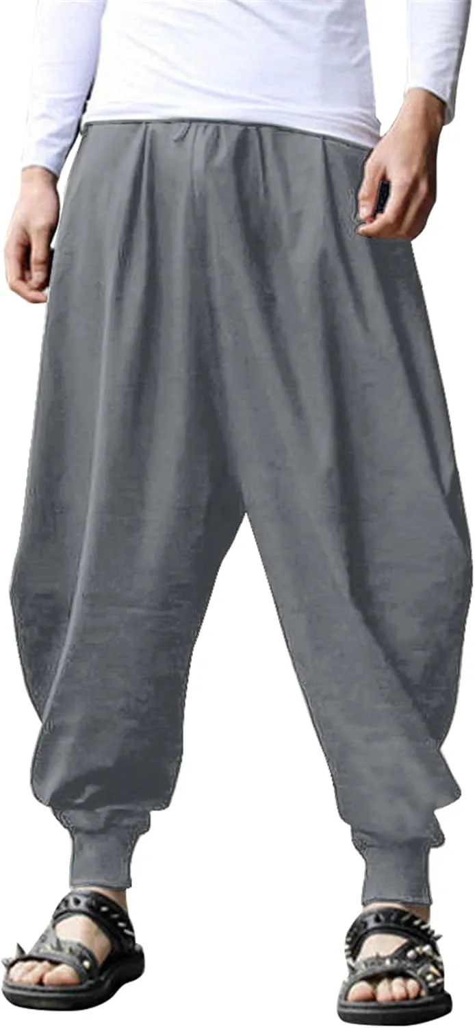 COOFANDY Men Hippie Harem Pants Baggy Linen Cotton Boho Yoga Pants Summer Beach Pants Casual Drop Crotch Trouser