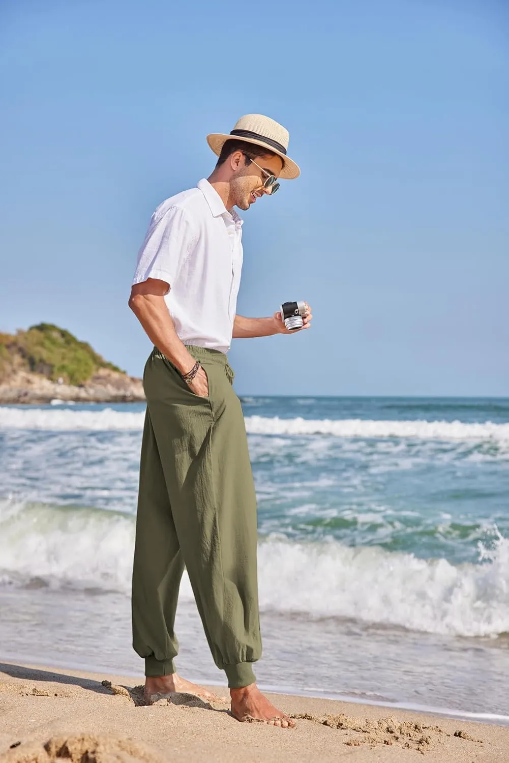COOFANDY Men Hippie Harem Pants Baggy Linen Cotton Boho Yoga Pants Summer Beach Pants Casual Drop Crotch Trouser