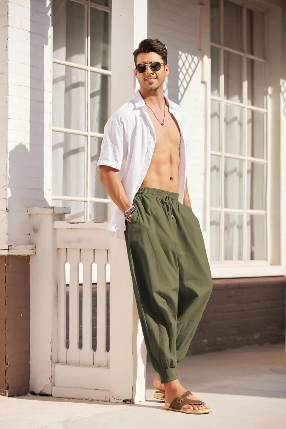 COOFANDY Men Hippie Harem Pants Baggy Linen Cotton Boho Yoga Pants Summer Beach Pants Casual Drop Crotch Trouser